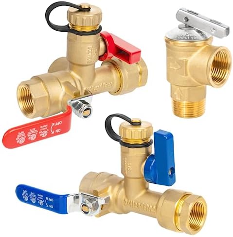 JUWO 3/4 Inch IPS Isolator Tankless Water Heater Service Valve Kit, with Pressure Relief Valve, Hot Cold Water Supply Isolator Valves fit for Rheem, Rinnai, Navien