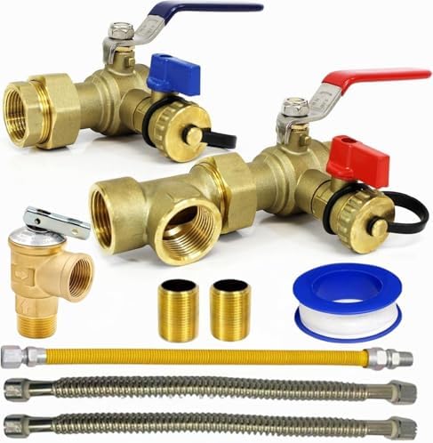 CMI Inc - 3/4 Inch IPS Female Threaded Complete Tankless Water Heater Valve Kit with Pressure Relief Valve Water and Gas Connectors - Compatible with Most Tankless Water Heater Brands