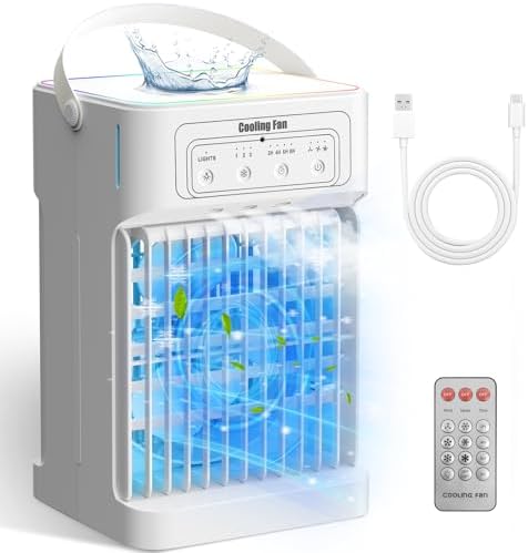 Portable Air Conditioners Dual-Motors Portable AC Unit 3in1 Mini Air Conditioner portable for Room,Evaporative Air Cooler with Remote,3 Mist,3 Speed,7 Lights,Larger Tank,2-8H Timer for Bedroom,Office