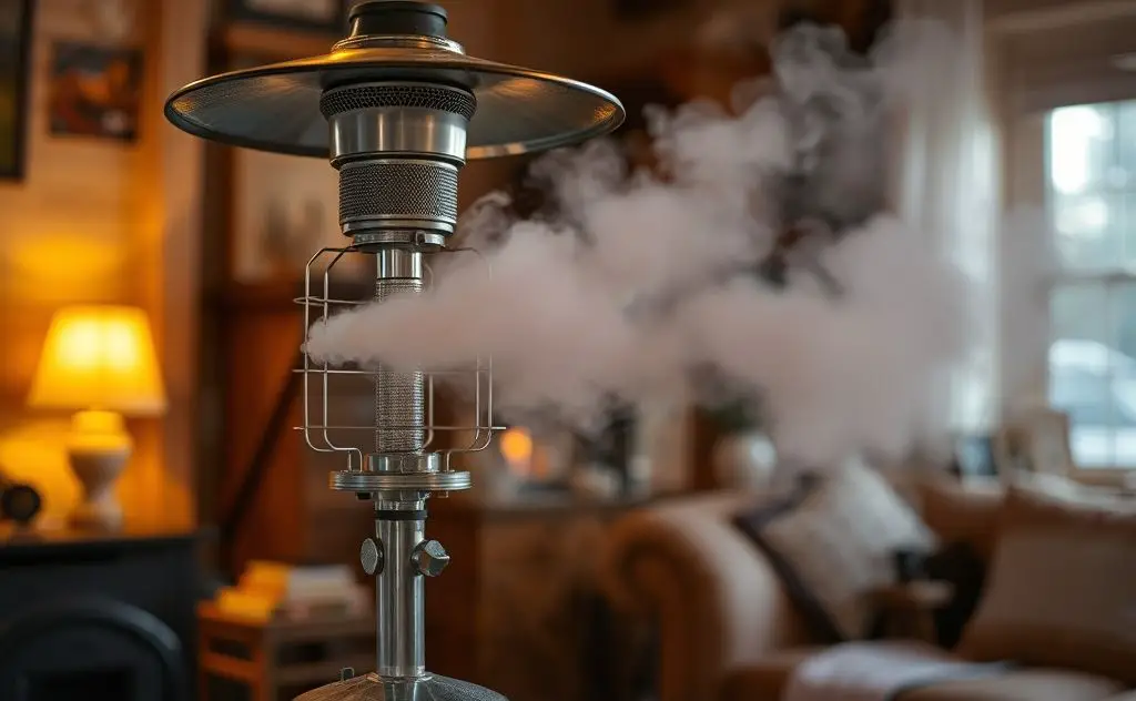 Propane heater emitting fumes in a cozy indoor setting.