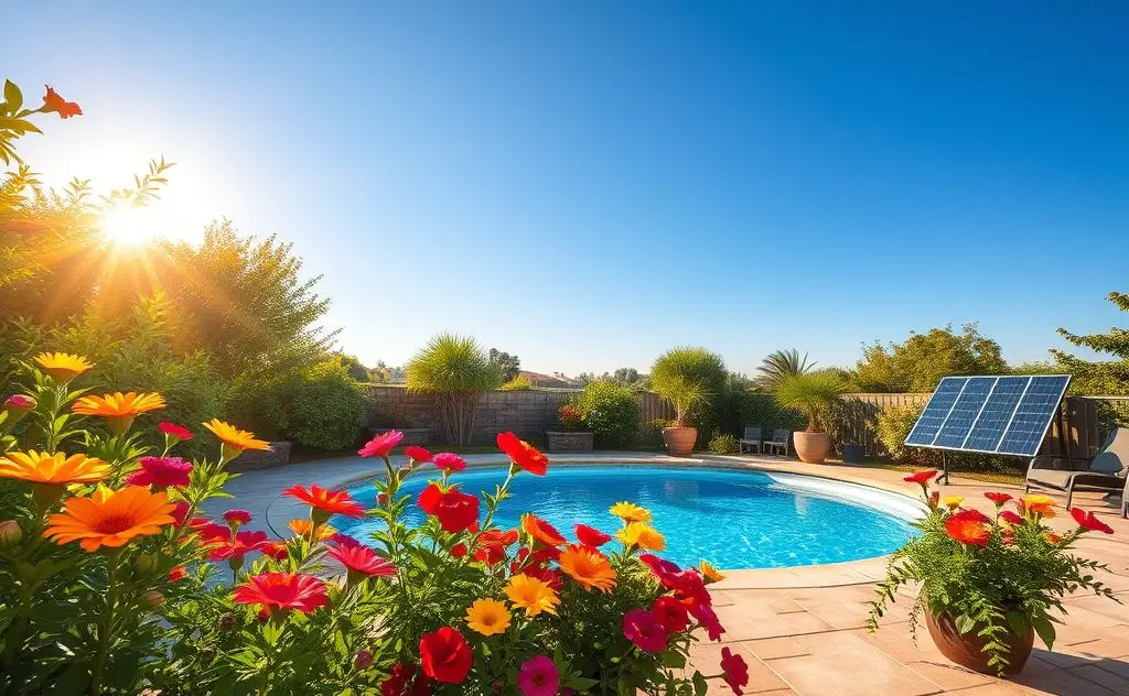 Sunny backyard pool with solar panels and a vibrant garden.