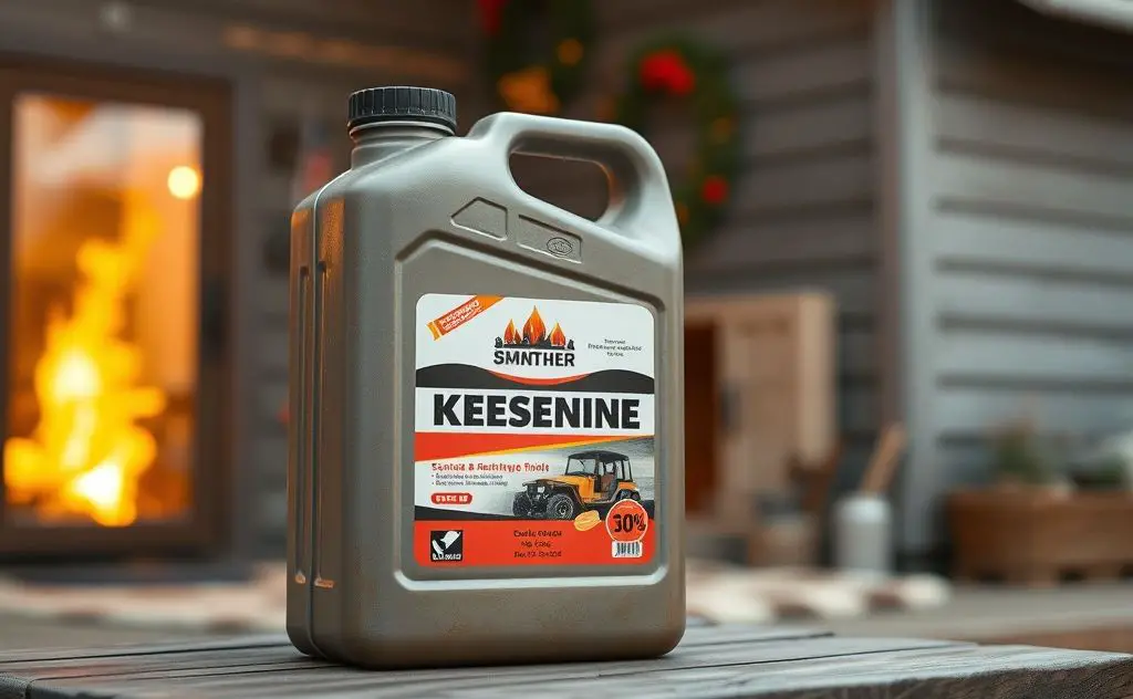 Create an image of a fuel canister with a blend of kerosene and heating oil, set against a backdrop of a cozy home.