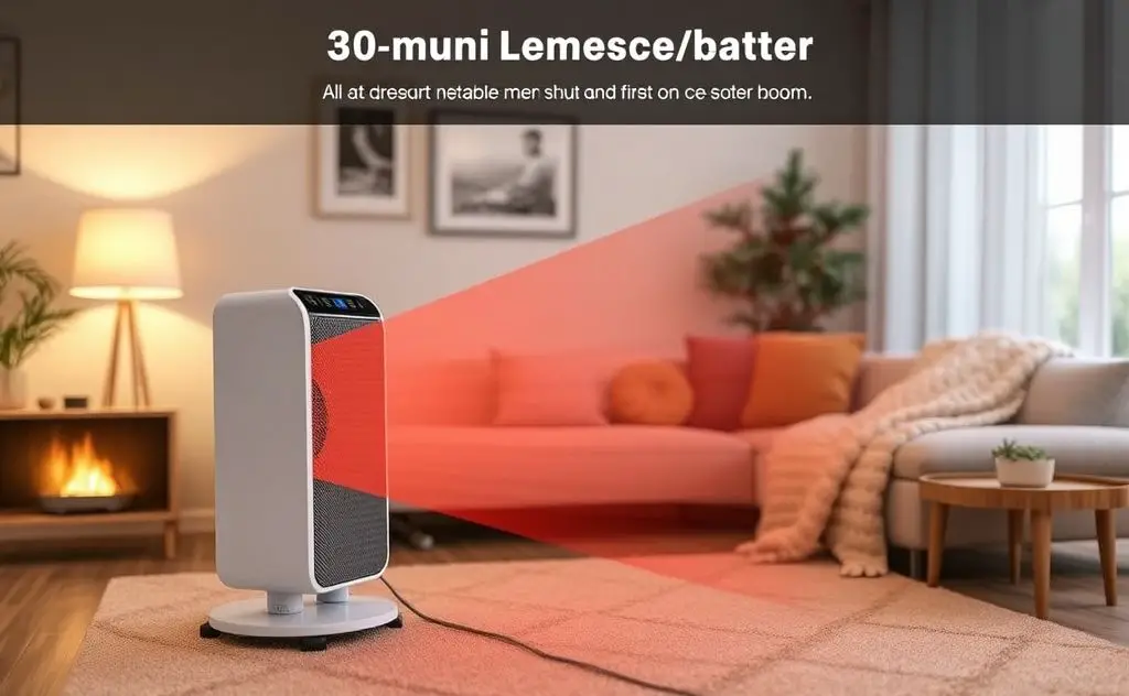 Smart heater with auto shut-off feature in a cozy living room.
