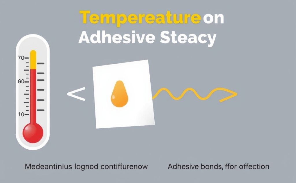 Illustrate the impact of temperature on adhesive strength with visual elements like thermometers and adhesive bonds.