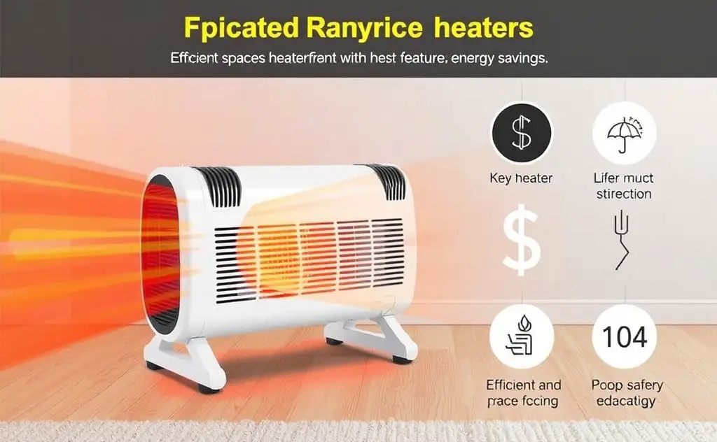 Efficient space heater design with safety features and energy savings.