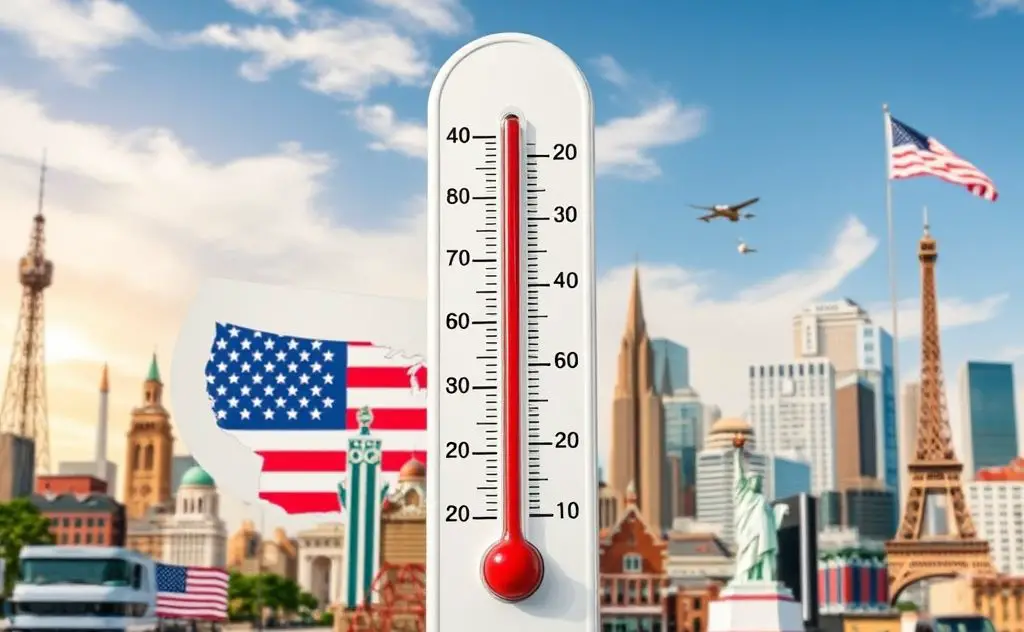 Visualize temperature measurement in the USA with a thermometer against a backdrop of iconic American symbols.