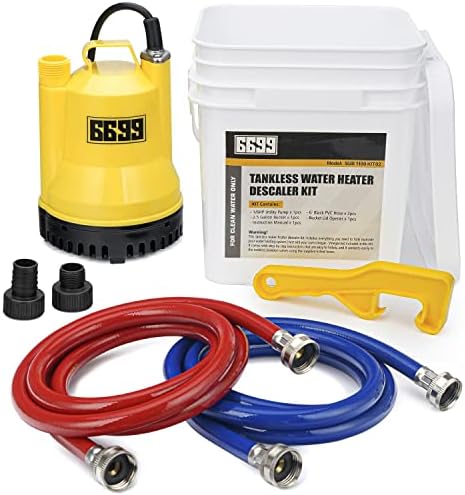 6699 Tankless Water Heater Flushing Kit Includes 1/6HP Submersible Sump Pump with Two Adapters & 3 Gallons Pail with Bucket Lid Opener & Two 1/2” Dia X 6’ PVC Hoses with Washers
