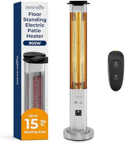 SereneLife Outdoor Electric Patio Heater - 900W Infrared Heater with Remote, Aluminum Reflector, Waterproof Design, IP65 Approved, Quiet Operation, Standing Porch Heater for Patio & Backyard