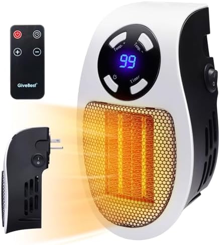 GiveBest Programmable Space Heater with LED Display, Remote Wall Outlet Electric Heater with Thermostat and Timer for Home Office Bathroom Indoor Use, Small Plug in 450 Watt Heater, ETL Listed