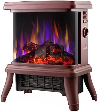 18“ Panoramic Window 1500W/1650W Electric Wood Stove Fireplace with Flame Effect, 4 in 1 Freestanding Indoor Space Heater. 3S of Rapid Heat. Fully Curved 3D Panoramic Flame Effect,Red Brown