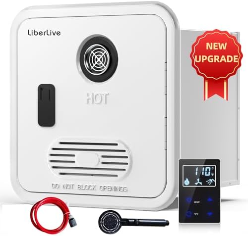 RV Tankless Water Heater, RV Instant Propane Hot Water Heater with 16 x 16 inch Door, Front Water Outlet and Showerhead Kit, 55000 BTUs 3.9 GPM, Compatible with All RVs, DC 12V, CSA Certificated,White