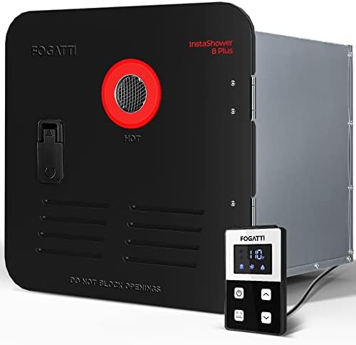 FOGATTI RV Tankless Water Heater, InstaShower 8 Plus, Gen 2, with 15 x 15 inches Black Door and Remote Controller, DC 12V, Best High Altitude Performance, Ideal for RVers