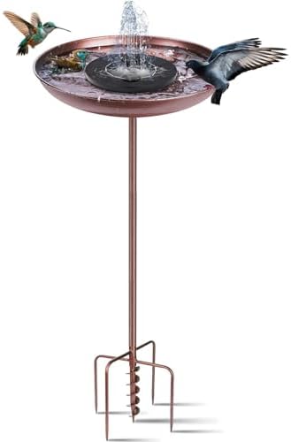 TAGEPUJIE 31.5" Solar Bird Bath Fountain with 12" Bowl – Outdoor Cast Iron Birdbath with Solar-Powered Water Fountain, 5-Prong Base & Auger Drill for Garden or Yard Decor (Copper)