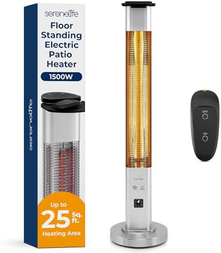 SereneLife Infrared Patio Heater, 1500W Electric Heater with Remote, Quiet Operation, IP65 Approved, Three Heat Levels, Indoor/Outdoor for Patio, Restaurant, Backyard, Garage, Decks