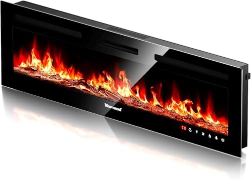 VISVEIL Electric Fireplace 60Inch,Wall Mounted Electric Fireplace Heater with Timer Inserts，TV Stand Touch Screen and Realistic Flame,Log Set,Crystal Flames 750 to 1500W，Remote for Living Room