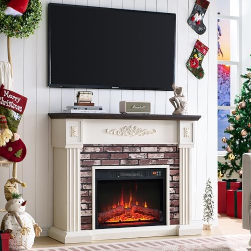 43" Electric Fireplace with Mantel, Electric Fireplace Heater, TV Stand w/Freestanding Electric Fireplaces, Stacked Stone Surround, Remote Control, Adjustable Flame Level for Living Room (White)
