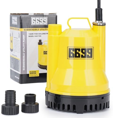 6699 1/6HP Portable Utility Pump Submersible Small Backup Sump Pump Draining pump to Remove Water from Flooding House Basement Pool Tankless Heater Flushing Pump with 10-Foot Cord SUB 1100