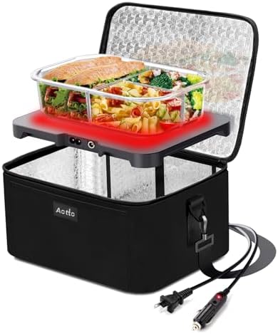 Aotto Portable Oven, Electric Lunch Box Food Heater - 12V/24V/110V 3-in-1 Car Food Warmer - Mini Personal Microwave Heated Lunch Box Warmer for Car, Truck, Travel, Office & Home Use - Black