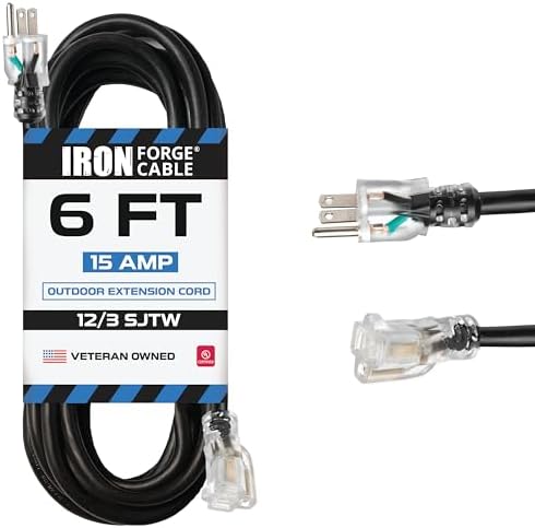 Iron Forge Cable 12 Gauge Outdoor Extension Cord 6 Ft, SJTW 12/3 Heavy Duty Extension Cord 3 Prong, Flame Retardant Black Electric Cable - Lighted End