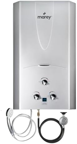 Marey Gas Tankless Water Heater - 16L 4.2 GPM Liquid Propane Water Heaters for Outdoor Use with LED Display - Off Grid Water Heater, 19.3"W x 28"H, Silver
