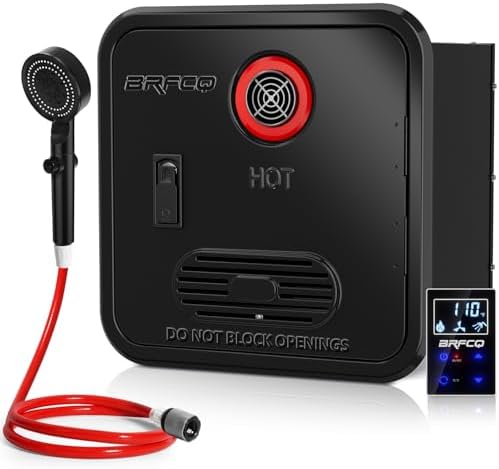 RV Tankless Water Heater, 55000 BTUs Instant Hot Water Heater with 15 x 15 inches Door & Remote Controller, DC 12V MAX 3.9GPM, Propane Gas Power Technology, Compatible with All RVs(Black)
