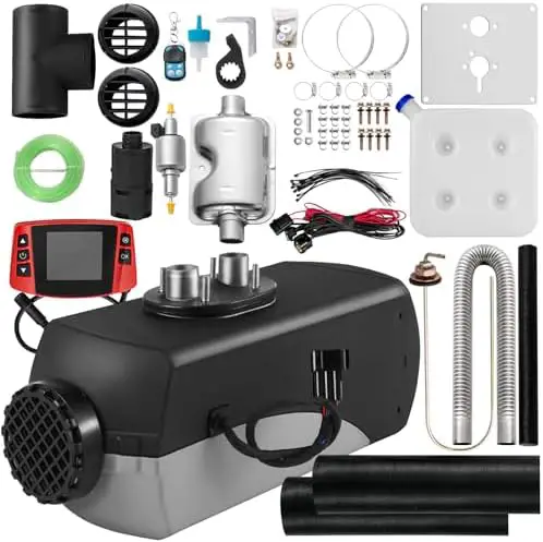 Fiberfly Diesel Heater 5KW, 15L Tank, Diesel Air Heater 12V, Muffler, Diesel Parking Heater with LCD Thermostat Monitor of Plateau Version & Remote Control for RV, Trailer, Boat, Truck and Motor-home