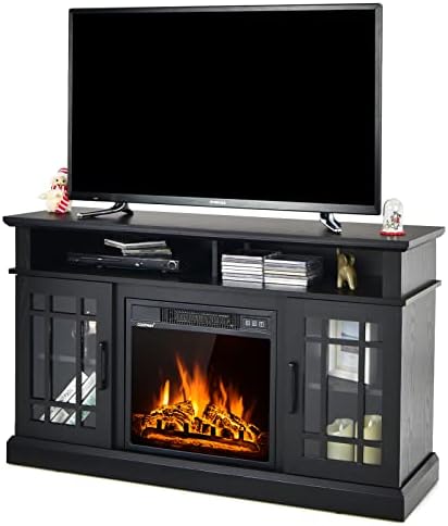 Happygrill Electric Fireplace TV Stand Up to 55 Inches, 48 Inch TV Stand w/Heater, Remote & Storage, Overheat Protection, Wooden Entertainment Center w/Adjustable Shelves for Living Room, Black