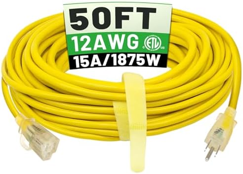 POWGRN 50 ft 12/3 Outdoor Extension Cord Waterproof Heavy Duty with Lighted Indicator End 12 Gauge 3 Prong, Flexible Cold-Resistant Long Power Cord Outside, 15Amp 1875W SJTW Yellow ETL Listed