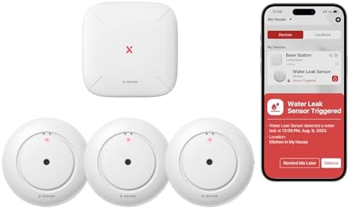 X-Sense Wi-Fi Water Leak Detector, Smart Water Sensor Alarm, Water Detector Alarm with 1700 ft Transmission Range for Kitchens, Basements, Bathrooms, 3 Water Detectors & 1 Base Station, Model SWS54