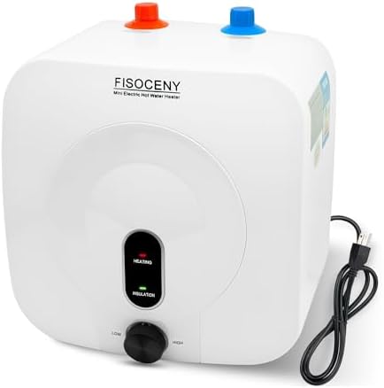 Fisoceny 2.5 Gallon Mini Tank Water Heater Under Sink Hot Water 1500W 120V Water Heaters for RV Kitchen RV 1/2”NPT Stainless Steel Hose 3-way Fitting White