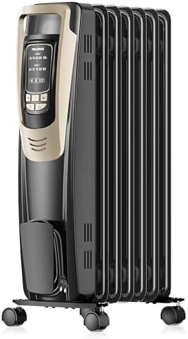 PELONIS Champagne Oil Filled Radiator Heater with Remote and Thermostat, 5 Temperature Settings for indoor use Large Room, Energy Efficient Electric Space heater with Safety Features