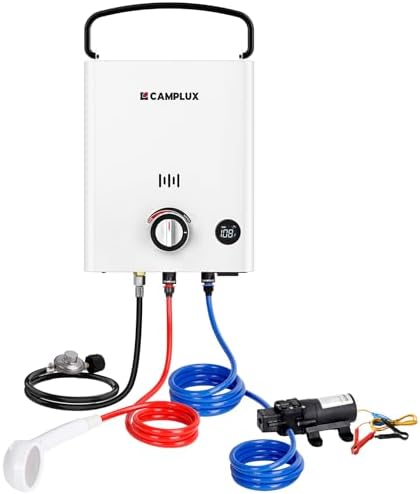 CAMPLUX First F5 Pro, Propane Portable Water Heater 34,000 BTU, 1.32 GPM Portable Tankless Water Heater with 1.2 GPM Pump Kit for RVs, Campings & Cabins, Ultra Portable Design, Easy Setup
