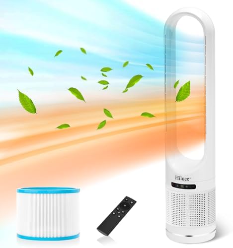Hiluce 3-in-1 Bladeless Fan with Air Purifier,Indoor Heater,Fan and Heater Combo HEPA Filter,Tip-Over Switch,26ft/s Quiet Tower Fans,80°Oscillating, 8 Speeds, 9H Timer, 32 inch Large