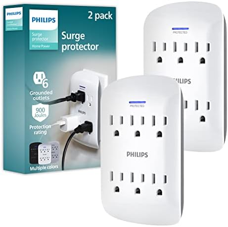 Philips 6-Outlet Extender Surge Protector, 2 Pack, Wall Tap, 900 Joules, 3-Prong, Space Saving Design, Protection Indicator LED Light, ETL Listed, White, SPP3466WA/37