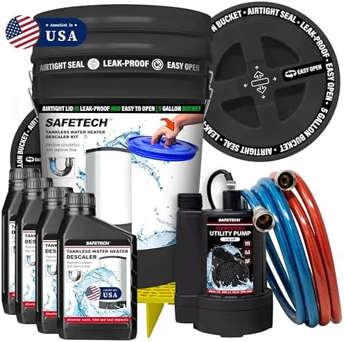 Safetech Tankless Water Heater Flushing Kit with 5-Gallon Screw-Top Lid, Premium Braided Hoses, 1/6 HP Utility Pump, 4 Quarts Descaler, and Pump Grate