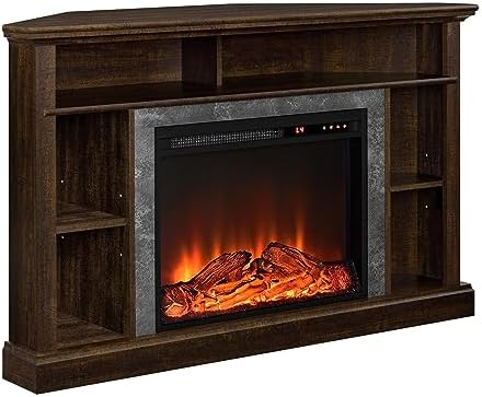 Ameriwood Home Overland Corner Fireplace TV Stand for TVs up to 50 Inch, Replaceable Electric Fireplace Insert Heater, Remote Control, Timer, Realistic Log and Flame Effect, Espresso