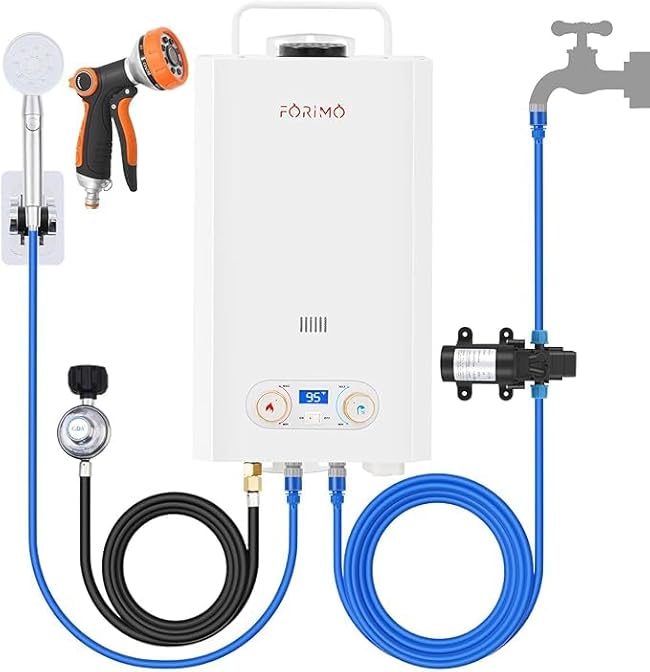 Tankless Water Heater Propane,2.64GPM 10L Outdoor Portable water heater,with 2 GPM Water Pump, Instant Propane water heater with Digital Display Multi-Protection for Camping Trips Boat Cabins