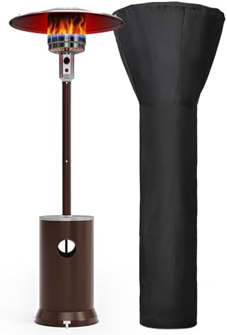 PAMAPIC 48000 BTU Patio Heater, Outdoor Propane Heater 2 in 1 Table Design, Double-Layer Stainless Steel Burner, Wheels, Triple Protection System, Outdoor Heater for Home and Residential,Brown