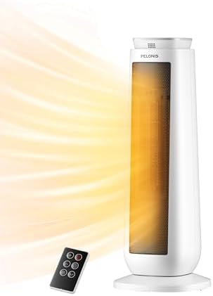 PELONIS 23” Oscillating Ceramic Tower Space Heater with Remote & Thermostat, Electric Energy Efficient Floor Heater for Indoor Use Large Room Safe with Timer, ECO Mode, 1500W, White