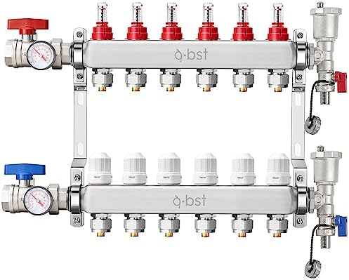 ABST PEX Manifold,6 Loop Stainless Steel Floor Radiant Heat Manifold Kit with 1/2" Adapters Included for Hydronic Radiant Floor Heating
