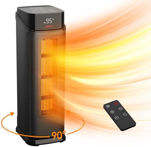 BREEZOME Space Heater Indoor, 1500W PTC Portable Electric Heaters for Home with Thermostat & 90° Oscillating, 24H Timer, Quiet Safety Ceramic Tower Heater with Remote for Bedroom Office