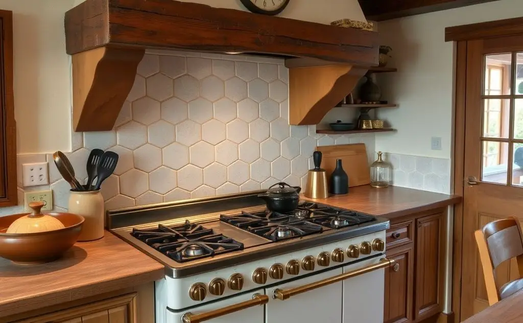 Gas stove in cozy rustic kitchen setting
