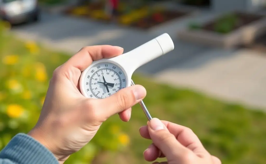Thermometer in hand checking outdoor temperature