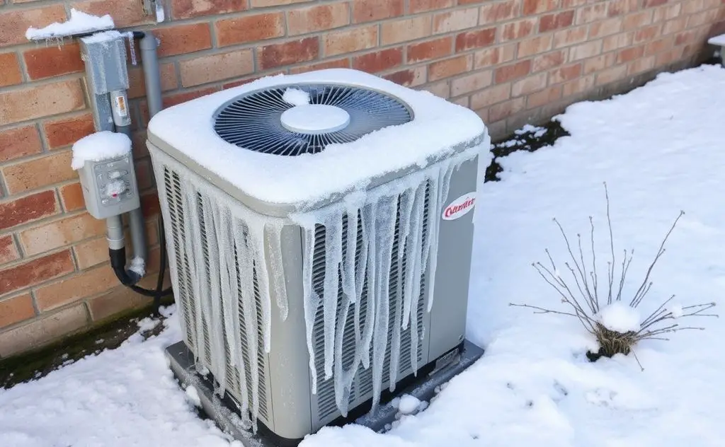 HVAC unit covered in ice during winter season