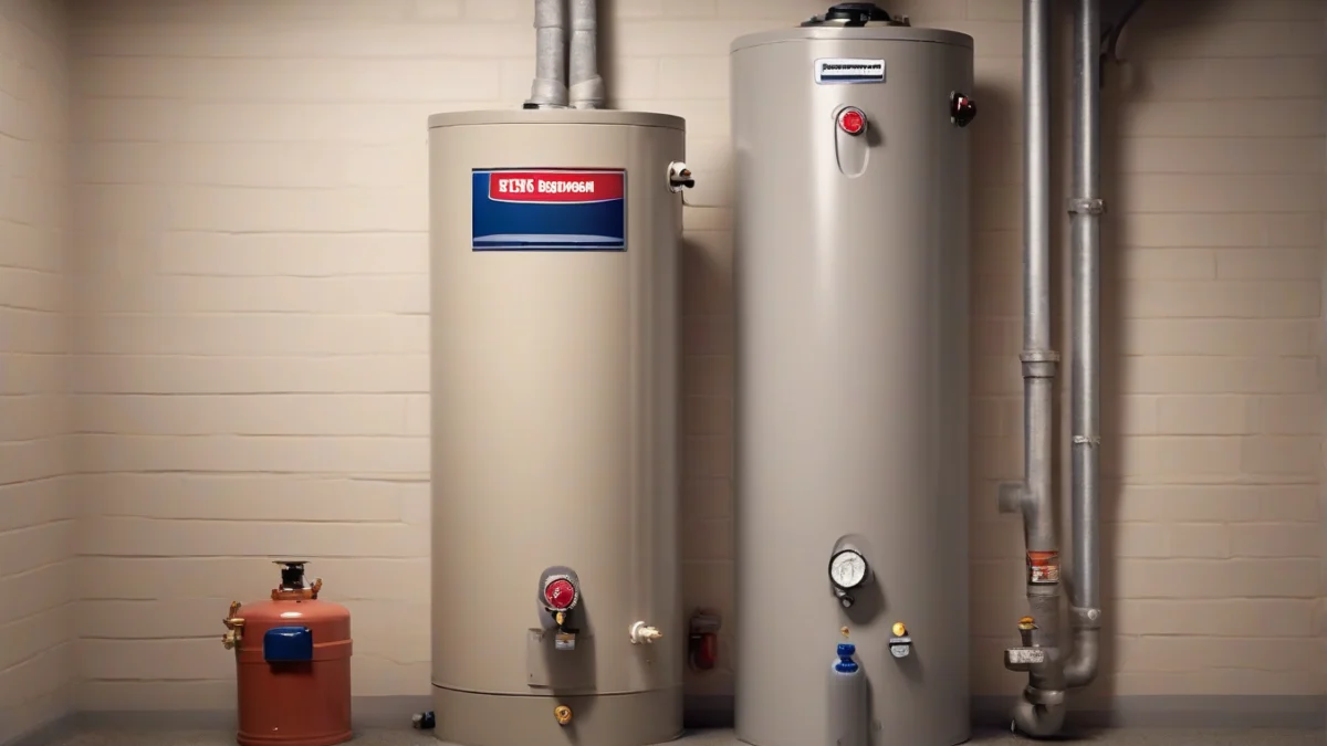 A gas water heater unit installed in a basement corner