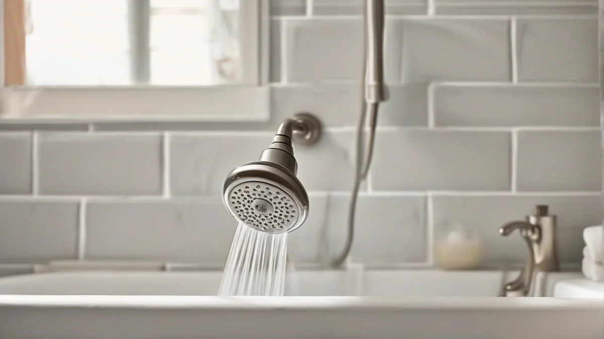 A modern showerhead with water flowing from it