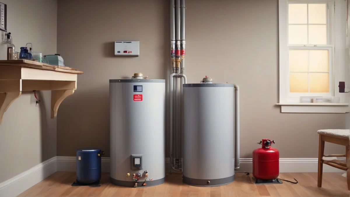 A Bradford White electric water heater tank in a basement.