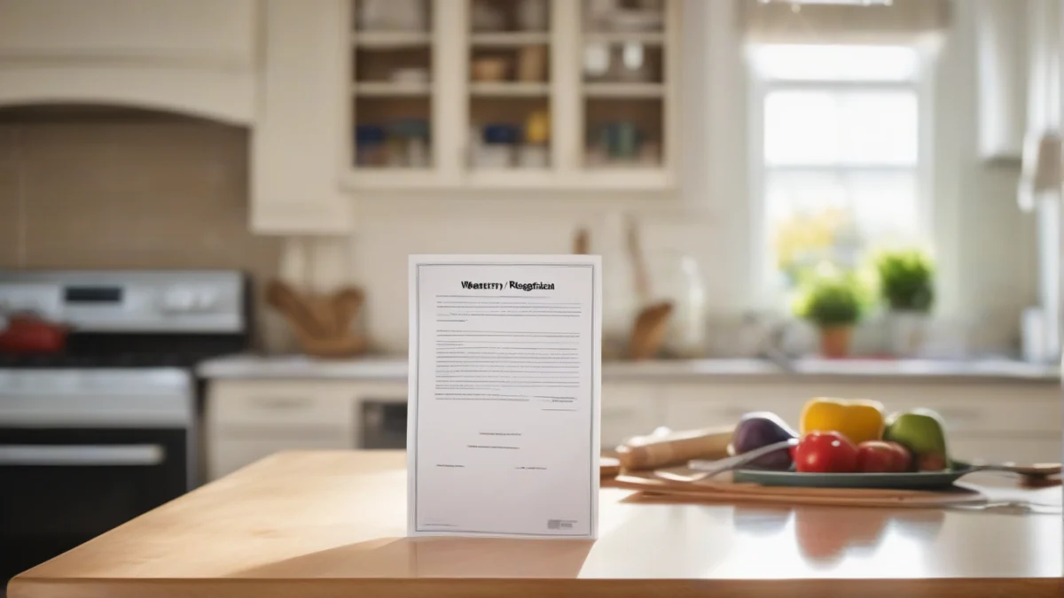 A warranty registration document on a kitchen counter.