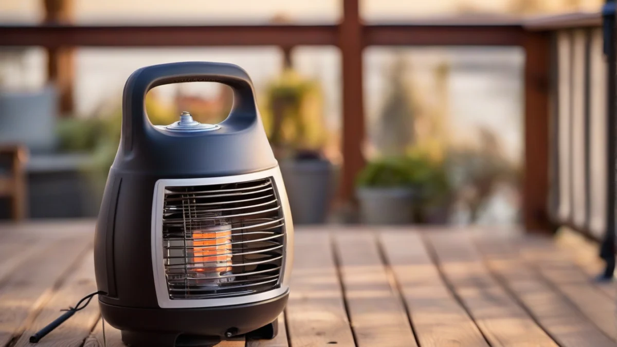 A portable propane patio heater standing on a wooden deck.