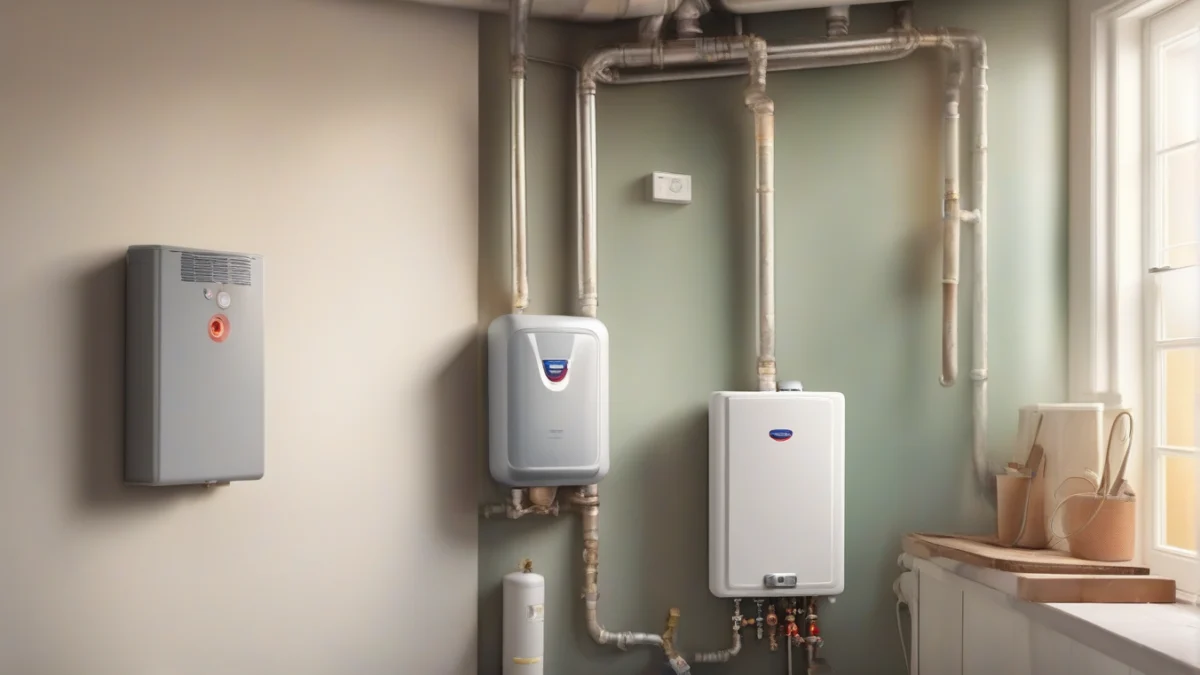 A tankless water heater securely mounted with plumbing connections visible